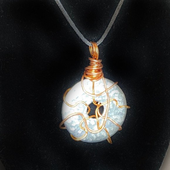 Copper Wire Wrapped Hammered Stainless Steel Washer Pendant on Satin Cord - Picture 4 of 9